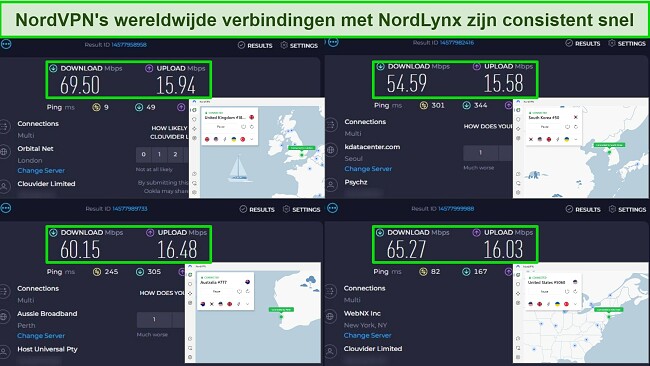 Snelheidsmeting van NordVPN in het Verenigd Koninkrijk, Zuid-Korea, Australi&euml; en New York